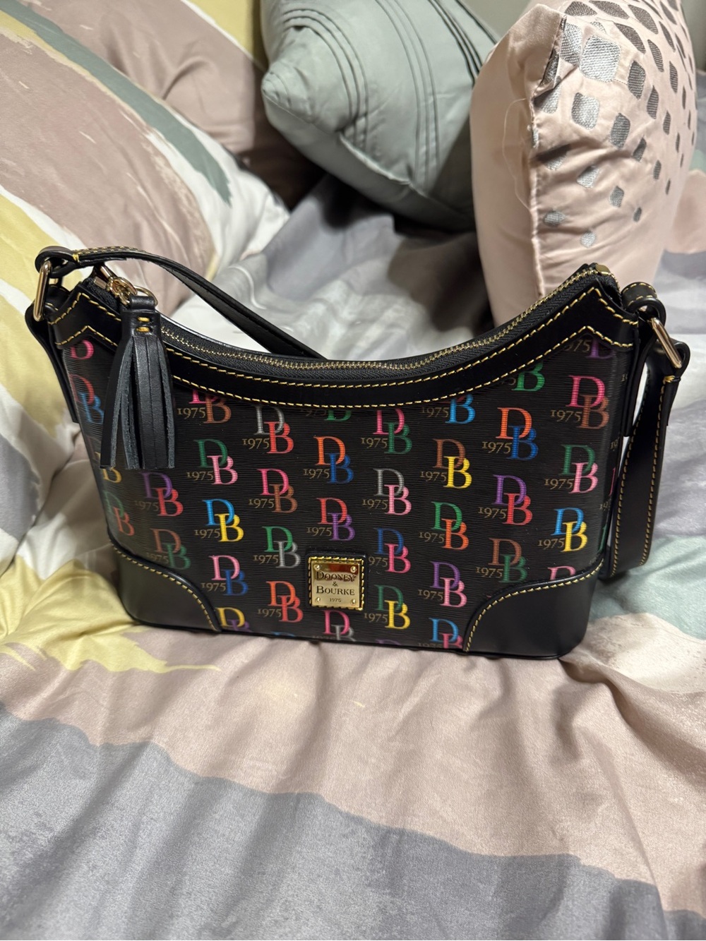 Dooney & Bourke Black Multicolor Logo Crescent Shoulder Bag db 75